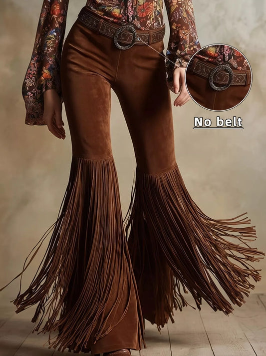 Woman wearing brown fringe pants with dramatic fringe detail,
